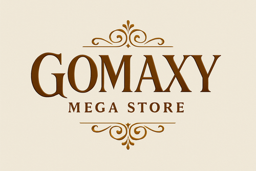 LOGOG FR MY MEGA STORE NAMED "Gomaxy" , written in heavy datk to brown golden color with appropriate back ground color contrasting with name`s color, giving the image of elegance, high class